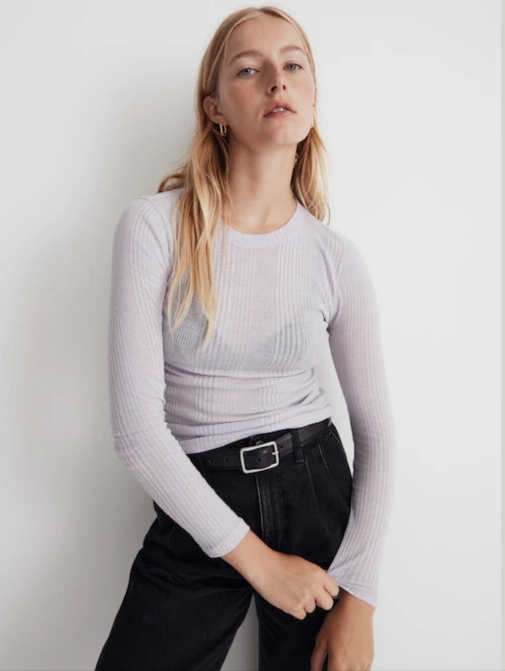 Madewell Dusty Lavender Purple Variegated Ribbed Crewneck Long Sleeve Tee Top